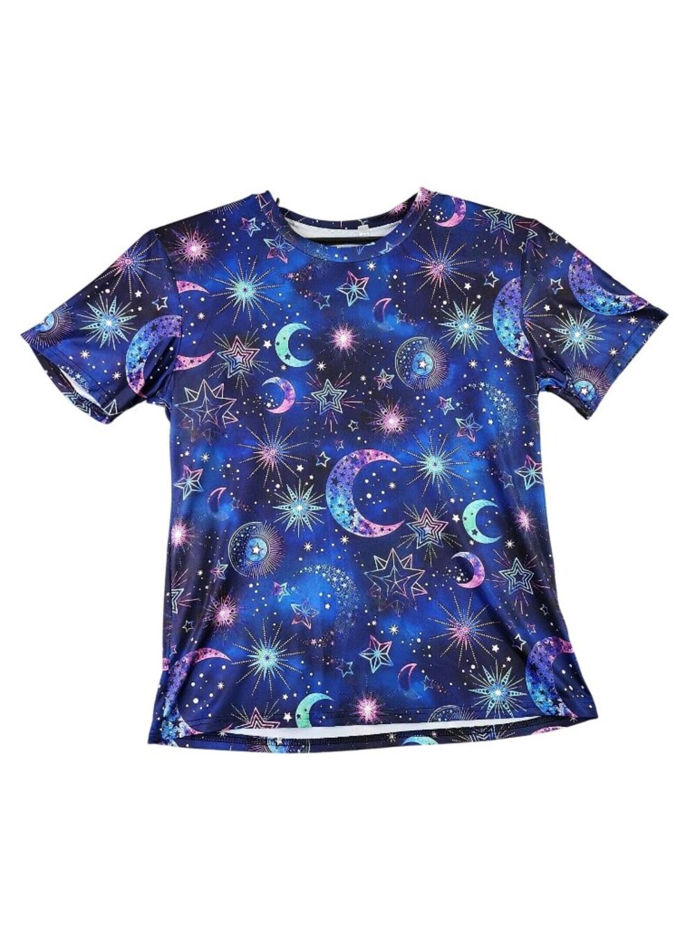 Womens Blue Stars & Moon All Over Print T Shirt Short Sleeve Polyester Size XL